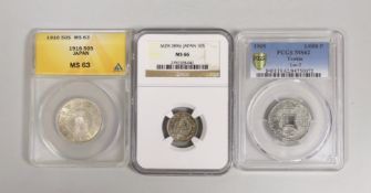 Japan coins, 10 sen 1896, NGC slab, MS66, scarce in this grade, 50 sen 1916, ANACS slab, MS63,
