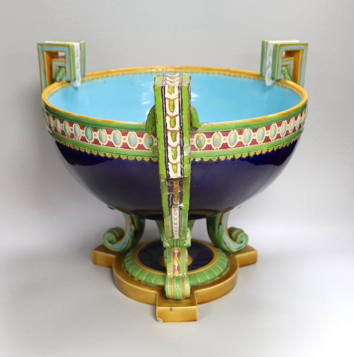 A large Minton neoclassical revival majolica pedestal bowl (a.f.) 34cm tall