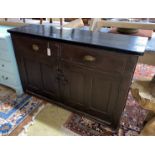 A Victorian painted pine two drawer, two door side cabinet, width 144cm, depth 44cm, height 92cm