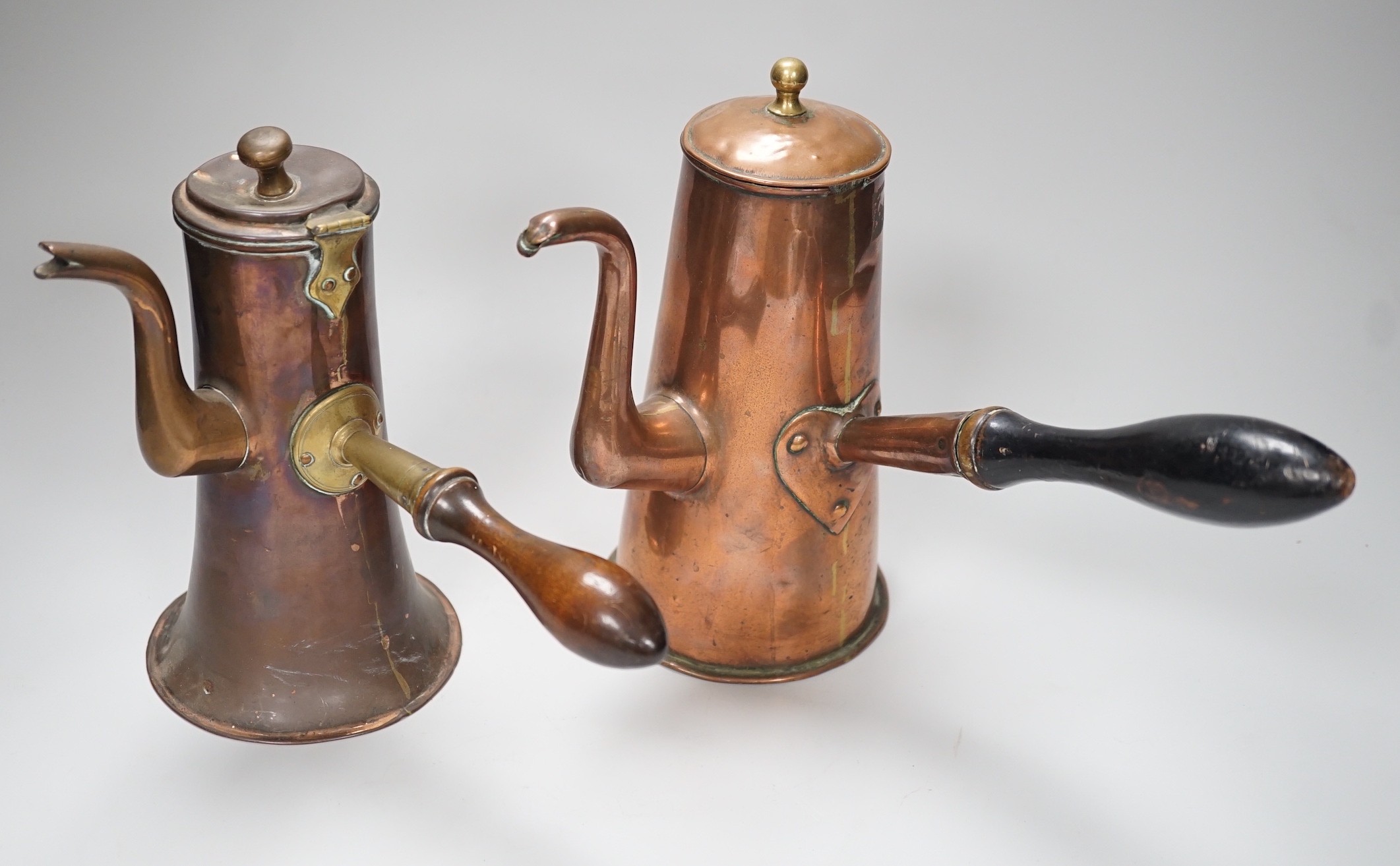 Two 18th century copper tavern coffee pots. Tallest 22.5cm - Image 2 of 5