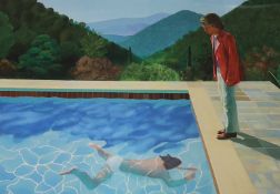 After David Hockney, colour print, Portrait of an artist (pool with two figures), 41 x 59cm