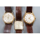 A gentleman's 1940's 9ct gold Marvin square dial manual wind wrist watch, on a later leather