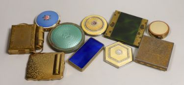 A collection of mostly enamel ladies compacts, two compacts including lipstick, (10).