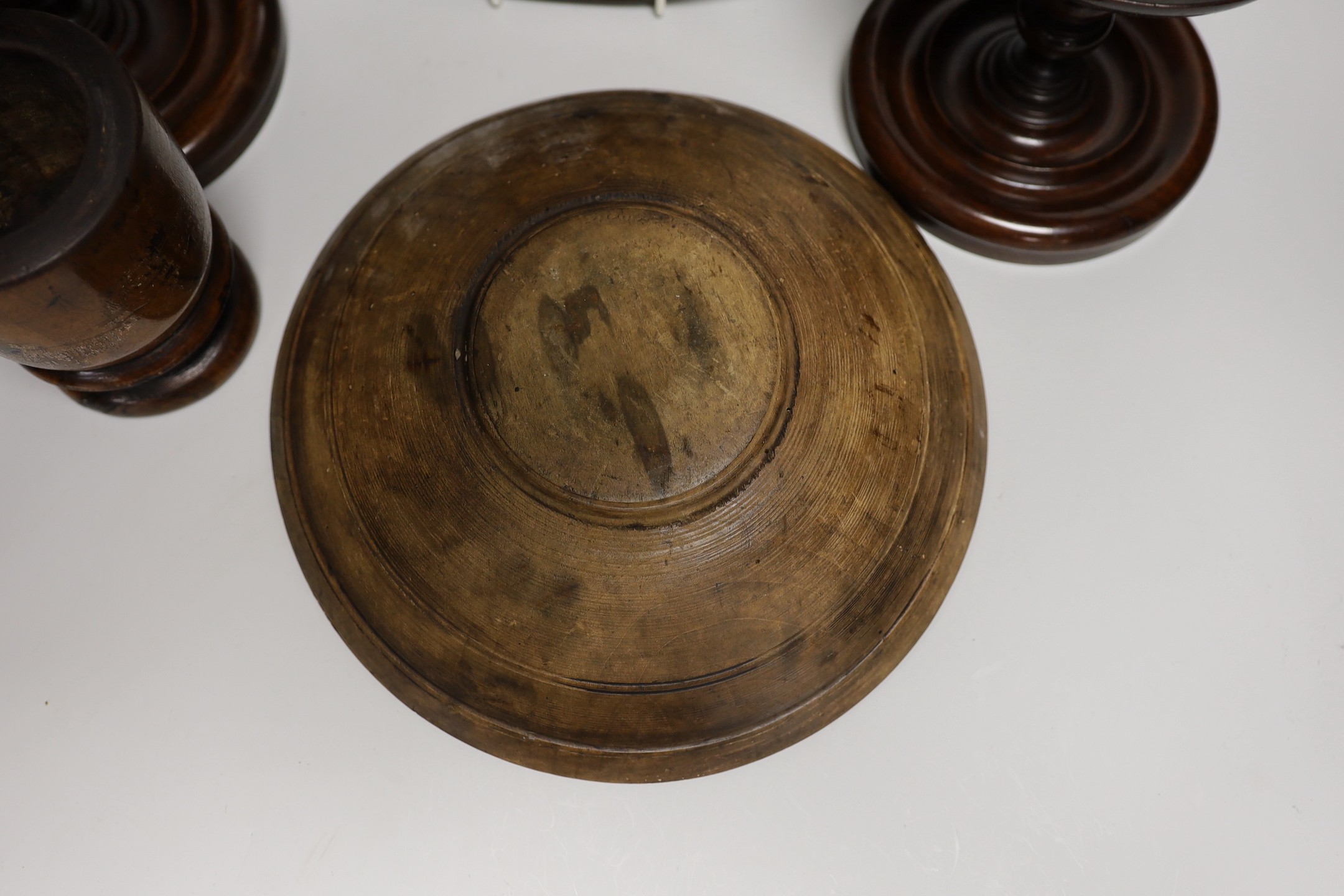 19th century and later treen including two mahogany candlestands, a spice tower and sycamore dish (6 - Image 3 of 7