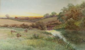 George Oyston (1861-1937), watercolour, Sheep in a meadow at sunset, signed and dated 1910, 26 x