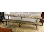 A Victorian cast iron garden bench with rustic ends and teak seat, length 305cm, depth 60cm,