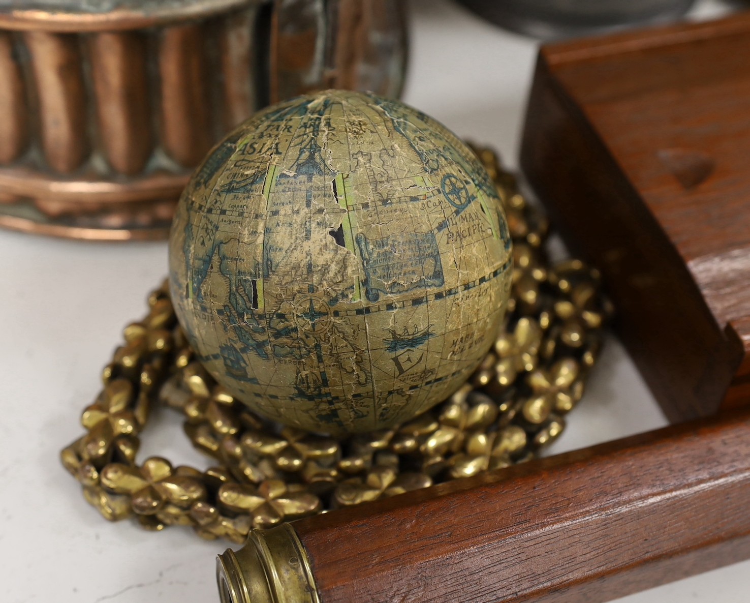 An unusual Victorian copper pie-mould, teak cased set of Bezique scorers, a brass link chain, - Image 2 of 5