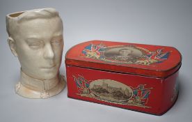 A musical Edward VII Coronation jug playing ' God save the King' and an Edward VIII biscuit tin