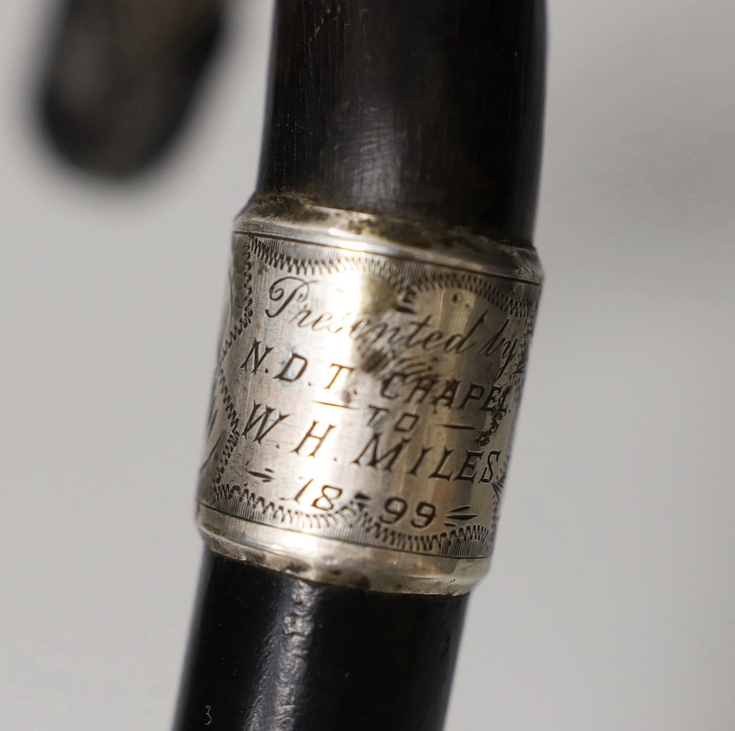 A silver mounted ebony cane with a phallic shaped handle, presented by N.D.T. Chapel to W.H. - Image 4 of 7