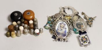 A quantity of scarab beetle style jewellery, silver frames, various thimbles etc.