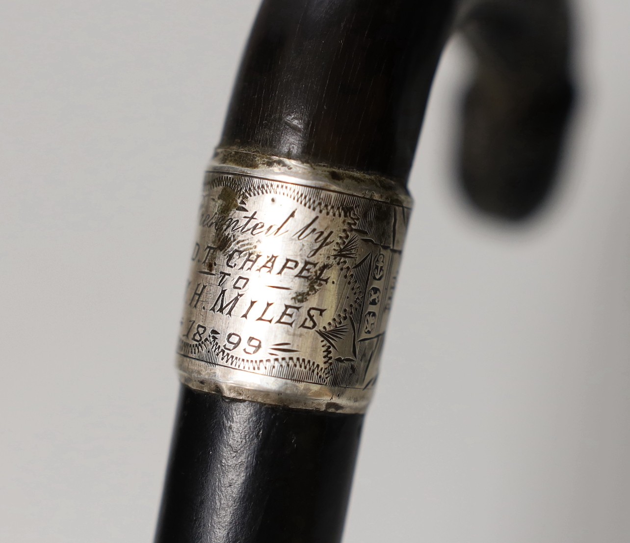 A silver mounted ebony cane with a phallic shaped handle, presented by N.D.T. Chapel to W.H. - Image 5 of 7