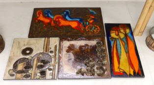Two West German Ruscha pottery wall plaques and two studio pottery metallic glazed plaques.