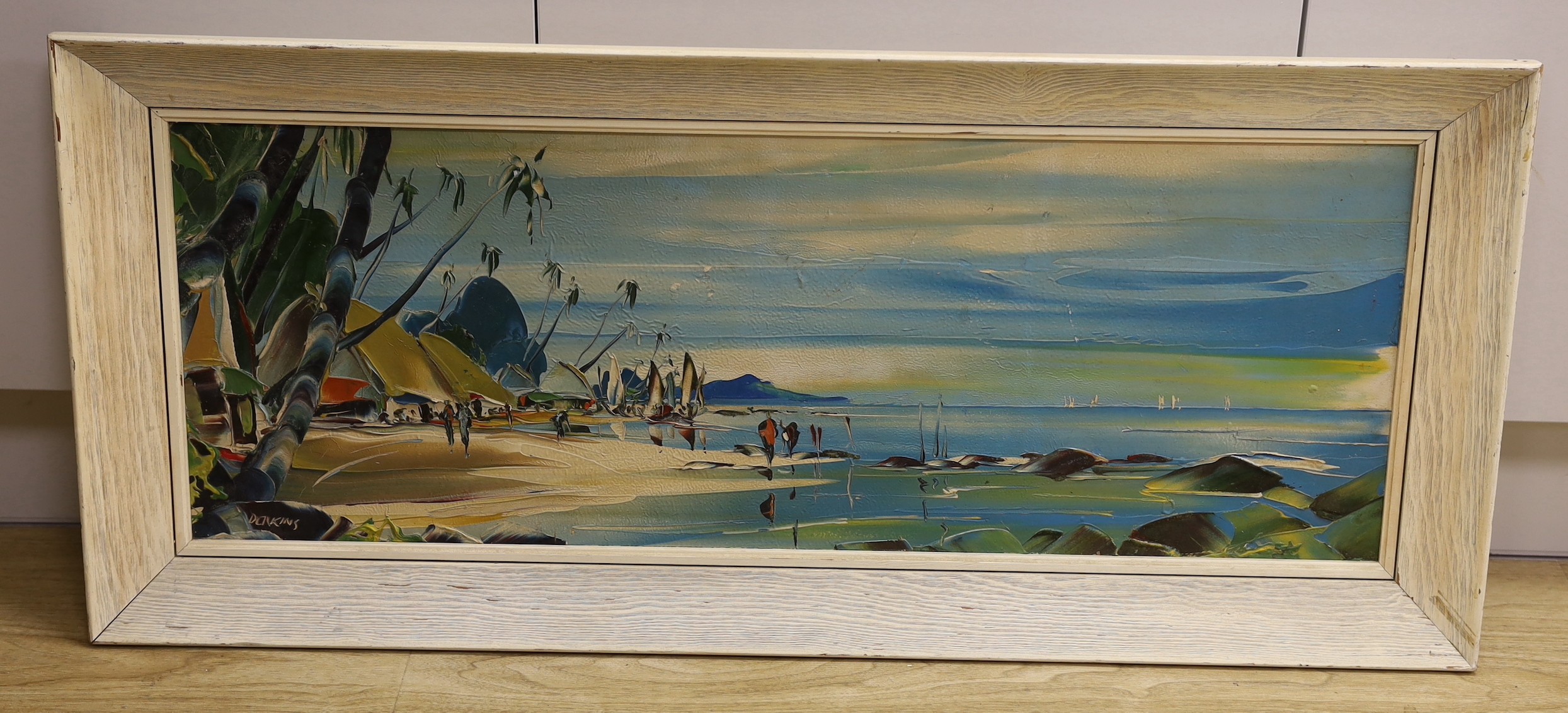 George Deakins (1911-1992), oil on board, 'Beach scene, St Lucia', signed, 30 x 83cm - Image 2 of 3