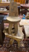 A rustic oak tree section table, height 52cm and similar chair