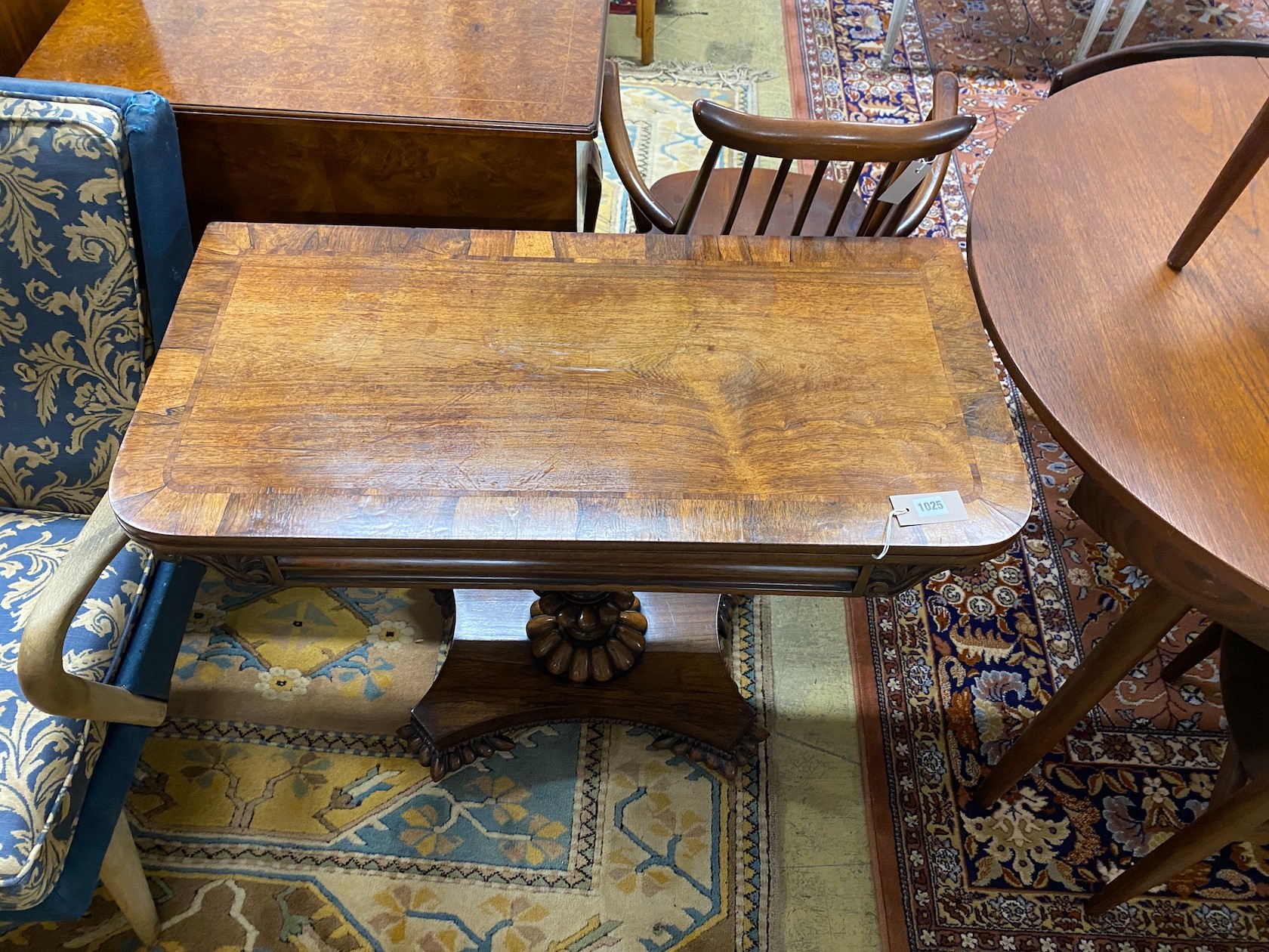 A William IV rosewood folding card table, width 92cm, depth 45cm, height 74cm - Image 2 of 2