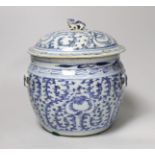 A 19th century Chinese blue and white jar and cover., kamcheng, 22cm high