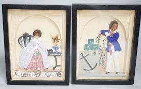 A pair of painted wax relief plaques, framed