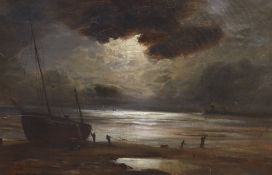 George Hyde Pownall (1876-1932), oil on canvas, Fisherfolk along the shore under moonlight,