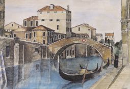 Peter Luther (b.1926), ink and watercolour, Venetian canal scene, signed, 37 x 55cm