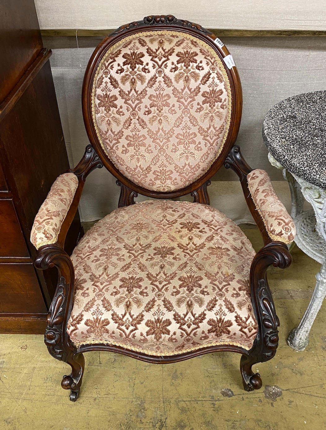 A Victorian carved walnut spoon back open armchair, width 71cm, depth 60cm, height 95cm - Image 2 of 2