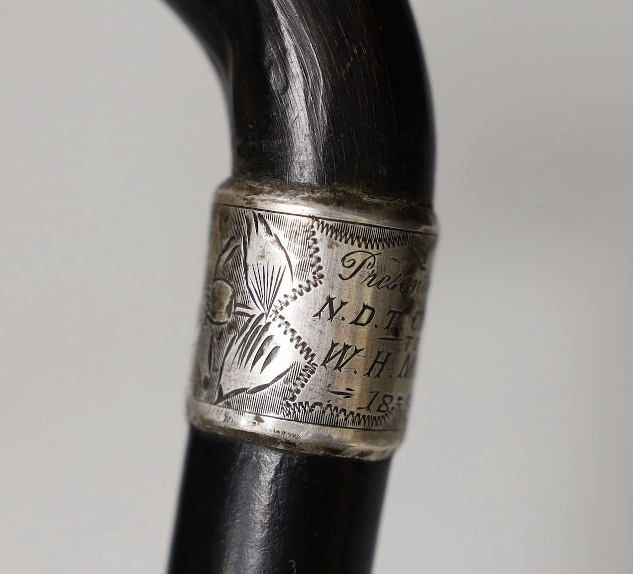 A silver mounted ebony cane with a phallic shaped handle, presented by N.D.T. Chapel to W.H. - Image 2 of 7