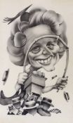 Modern British, monochrome print, Caricature of Margaret Thatcher, 60 x 37cm