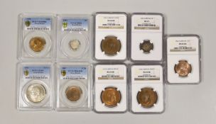 British coins, NGC and PCGS slabbed and graded - Victoria halfpenny 1862, threepence 1884, halfpenny