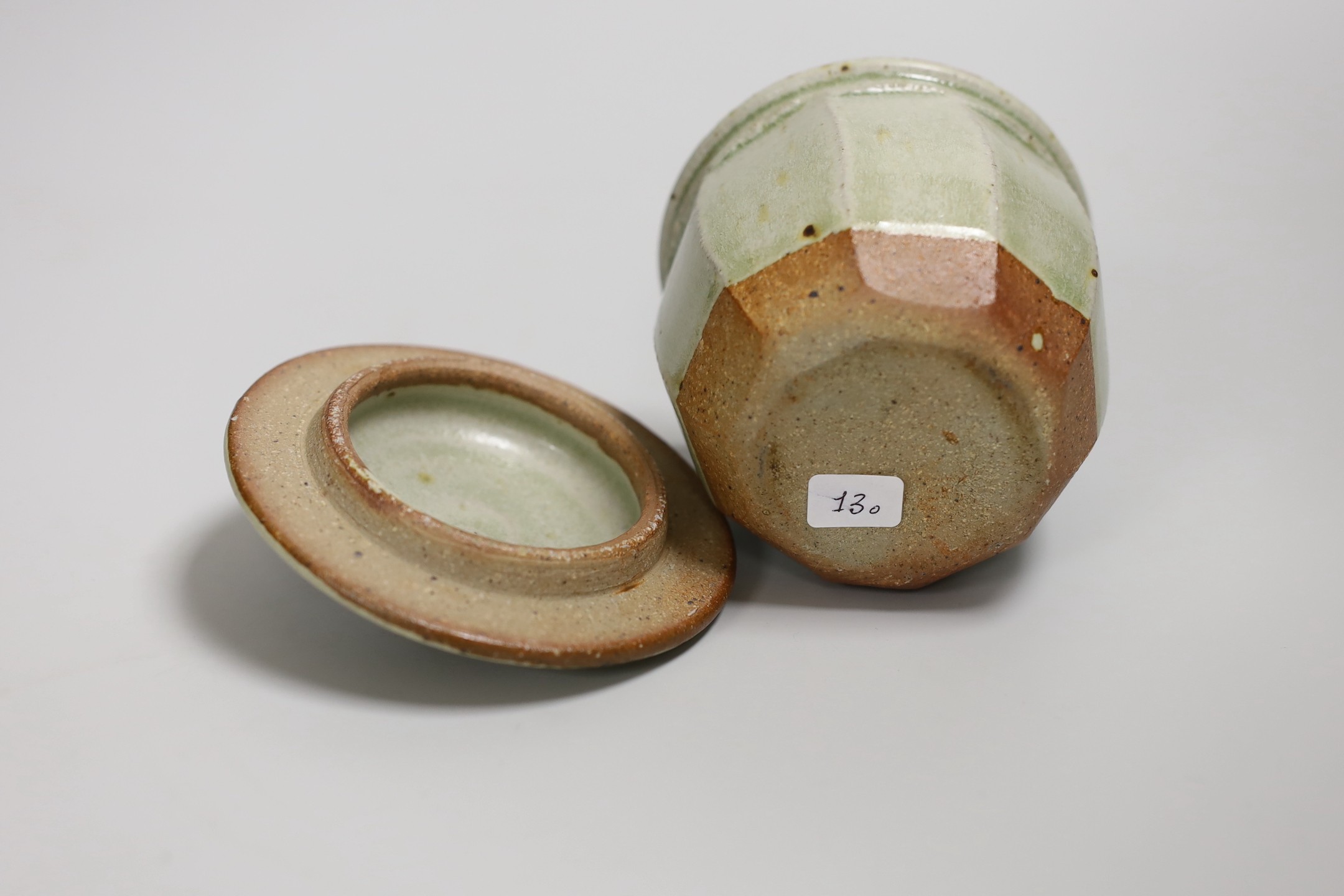 Richard Batterham (1936 – 2021), a cut sided stoneware jar and pointed cover with sage coloured - Image 5 of 5
