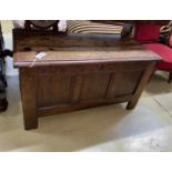 A small 18th century panelled oak coffer, width 97cm, depth 48cm, height 53cm