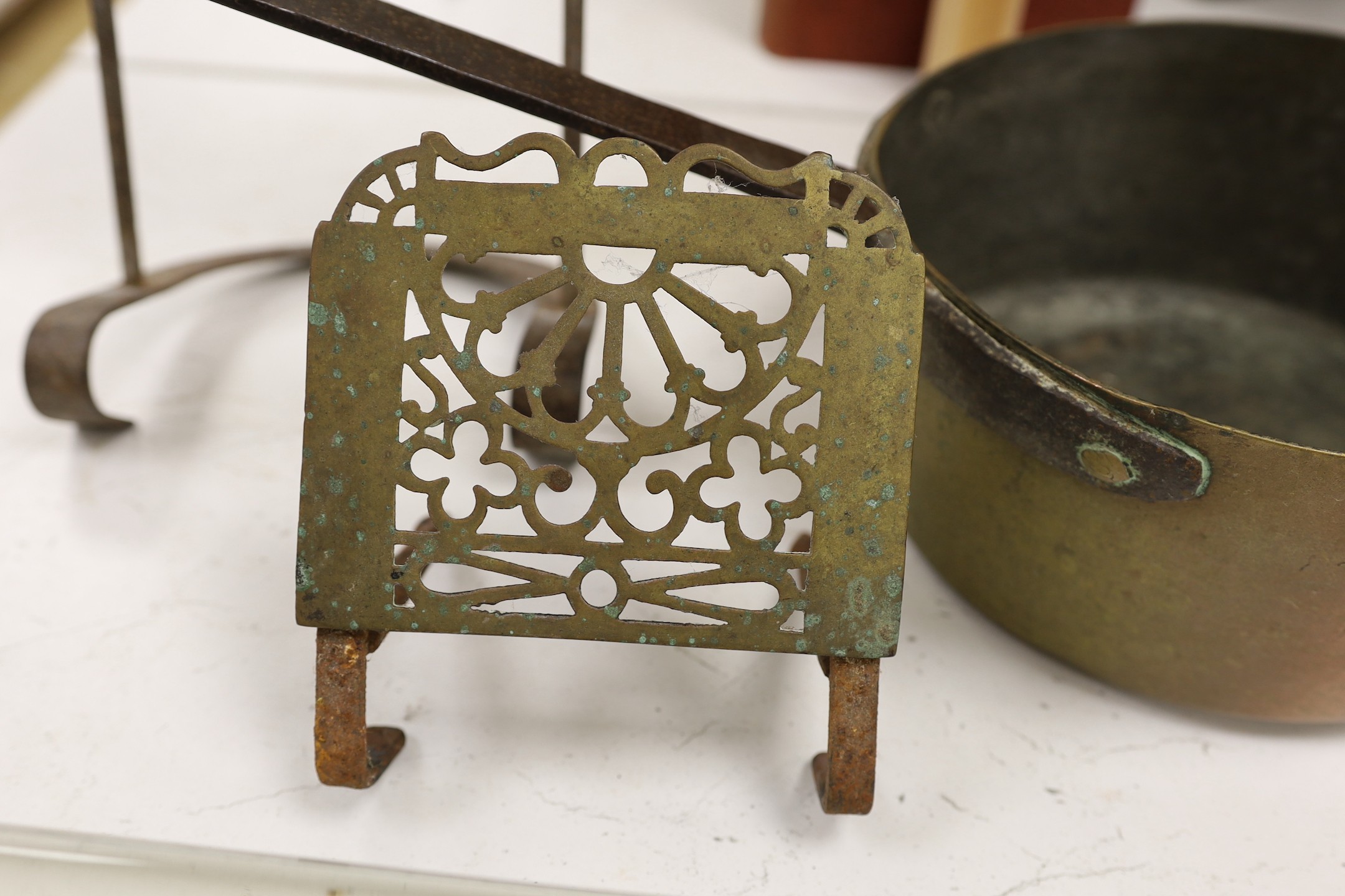 Two brass grate trivets, a crystal and brass towel rail and a 19th century copper pot - Image 3 of 4