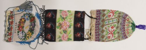 Three 19th century finely bead-worked draw string bags,