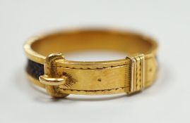 A 19th century yellow metal and plaited hair mourning band, modelled as a buckle, the shank interior