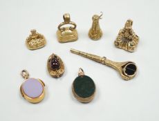 Four assorted 19th century and later yellow metal overlaid and gem set fob seals, a Victorian 15ct