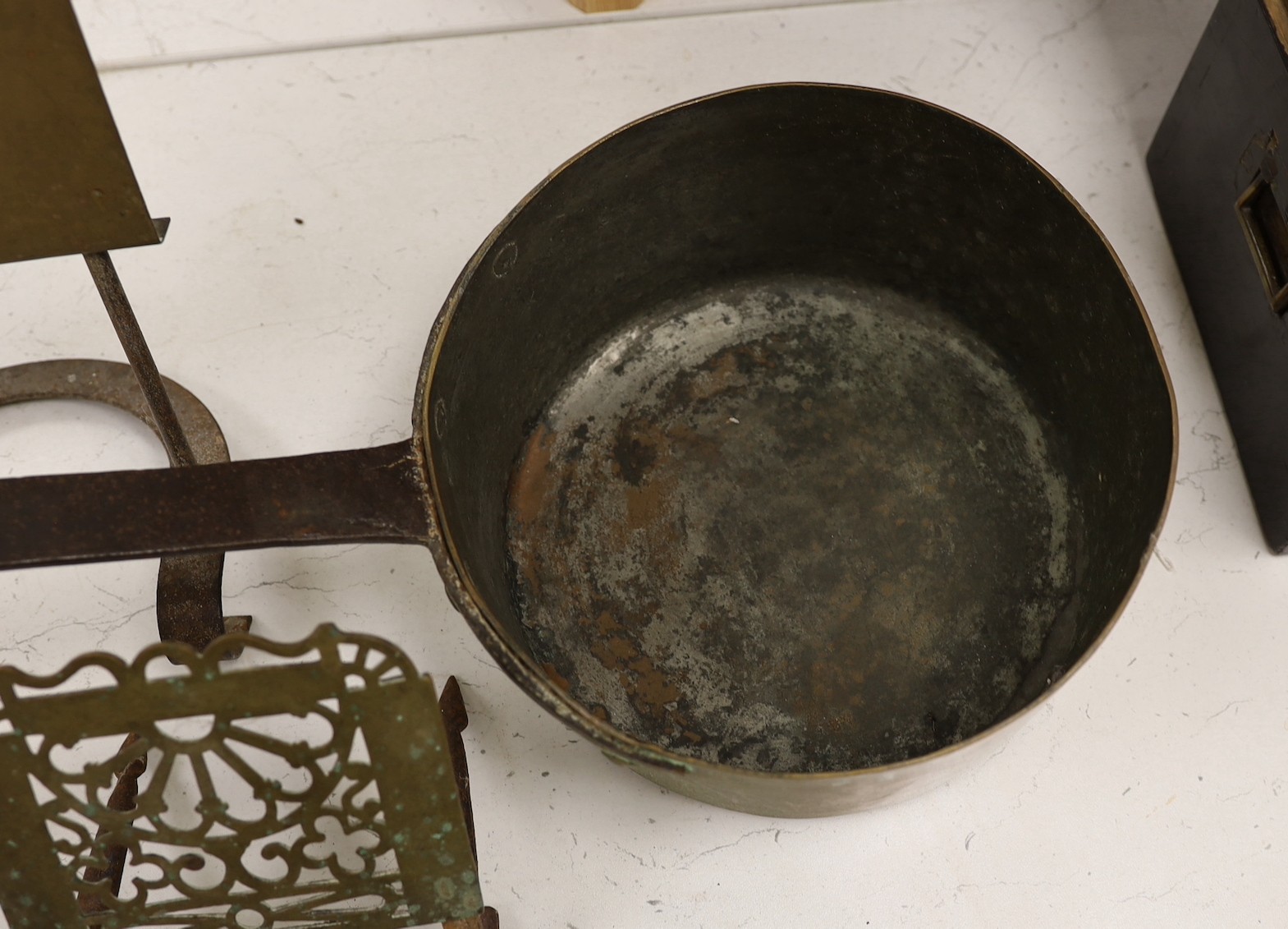 Two brass grate trivets, a crystal and brass towel rail and a 19th century copper pot - Image 2 of 4