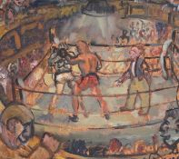 Modern British, oil on board, Boxing scene, indistinctly signed, 34 x 38cm