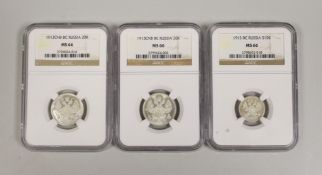 Russia coins, two 20 kopeks 1913CNB and 10 kopeks 1915BC, all NGC slabbed and graded MS66 (3)