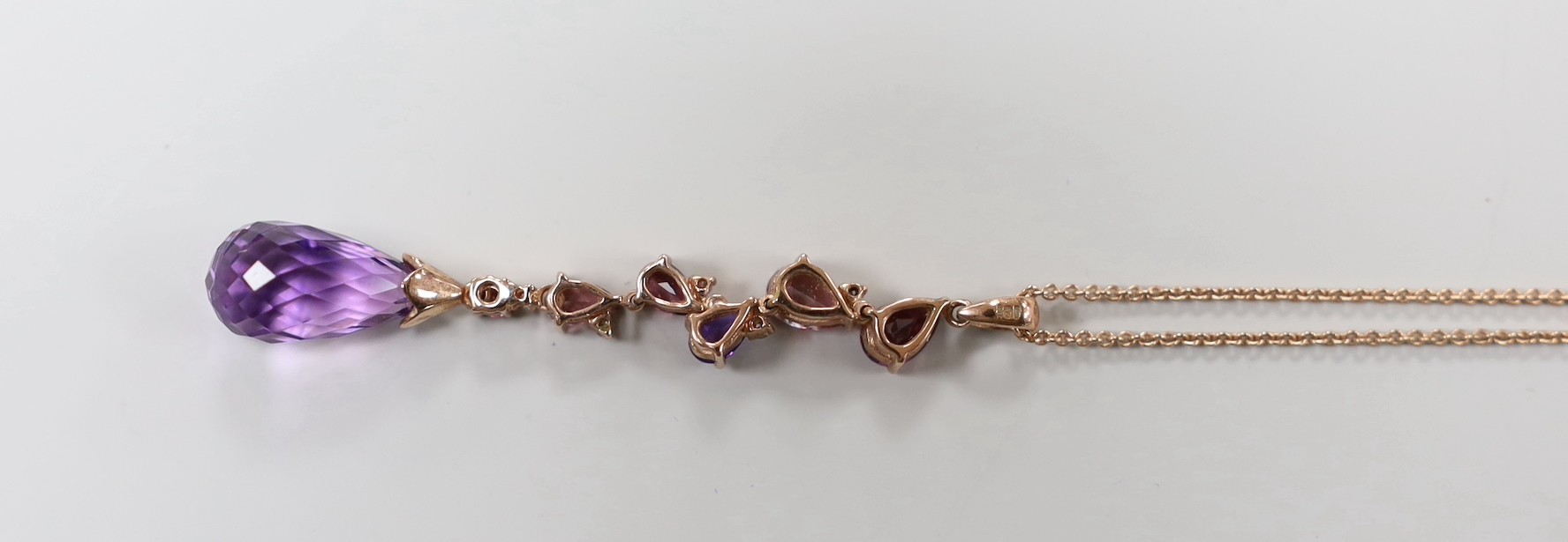 A modern 9ct gold, garnet, topaz, amethyst and diamond chip set drop necklace, 56cm, gross weight - Image 3 of 3