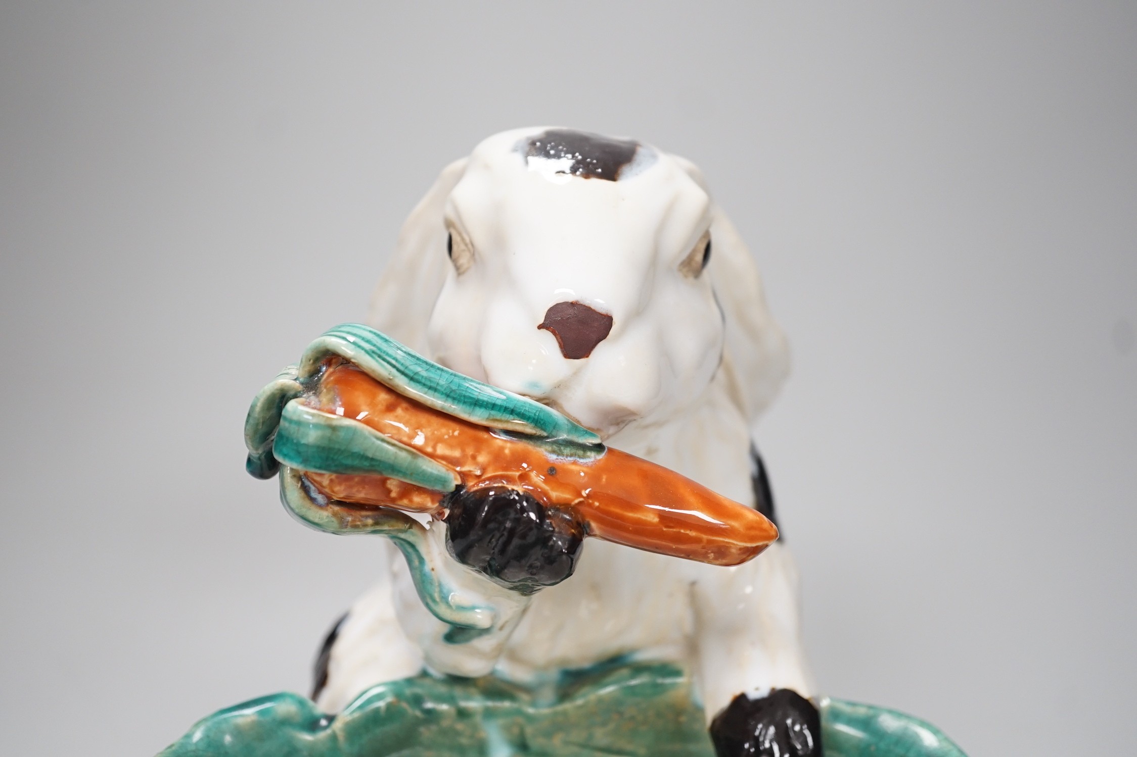 An unusual late 19th century Continental majolica 'rabbit' dish. 26cm high - Image 2 of 7