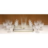 A mid century chrome and perspex drinks tray with 6 cocktail glasses, mixing glass and 8 wine