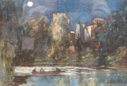 Philip Connard (1875-1958), watercolour, Moonlit scene with figures in a punt and a castle,