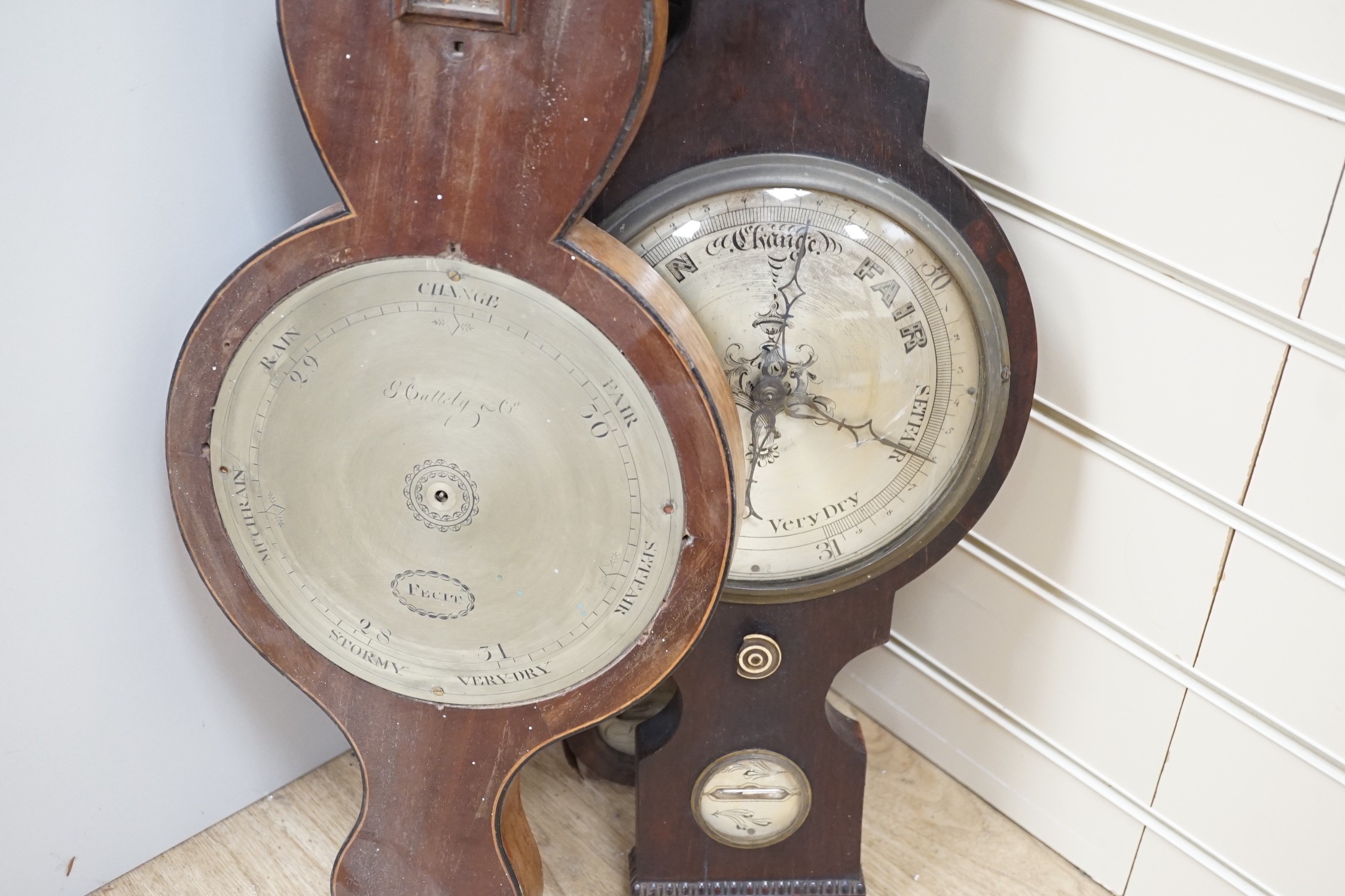 A 19th century bracket timepiece movement, a pair of iron clock weights and three barometer - Image 2 of 5