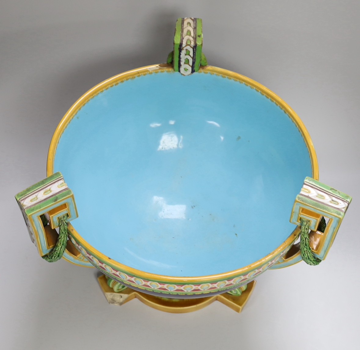 A large Minton neoclassical revival majolica pedestal bowl (a.f.) 34cm tall - Image 4 of 5