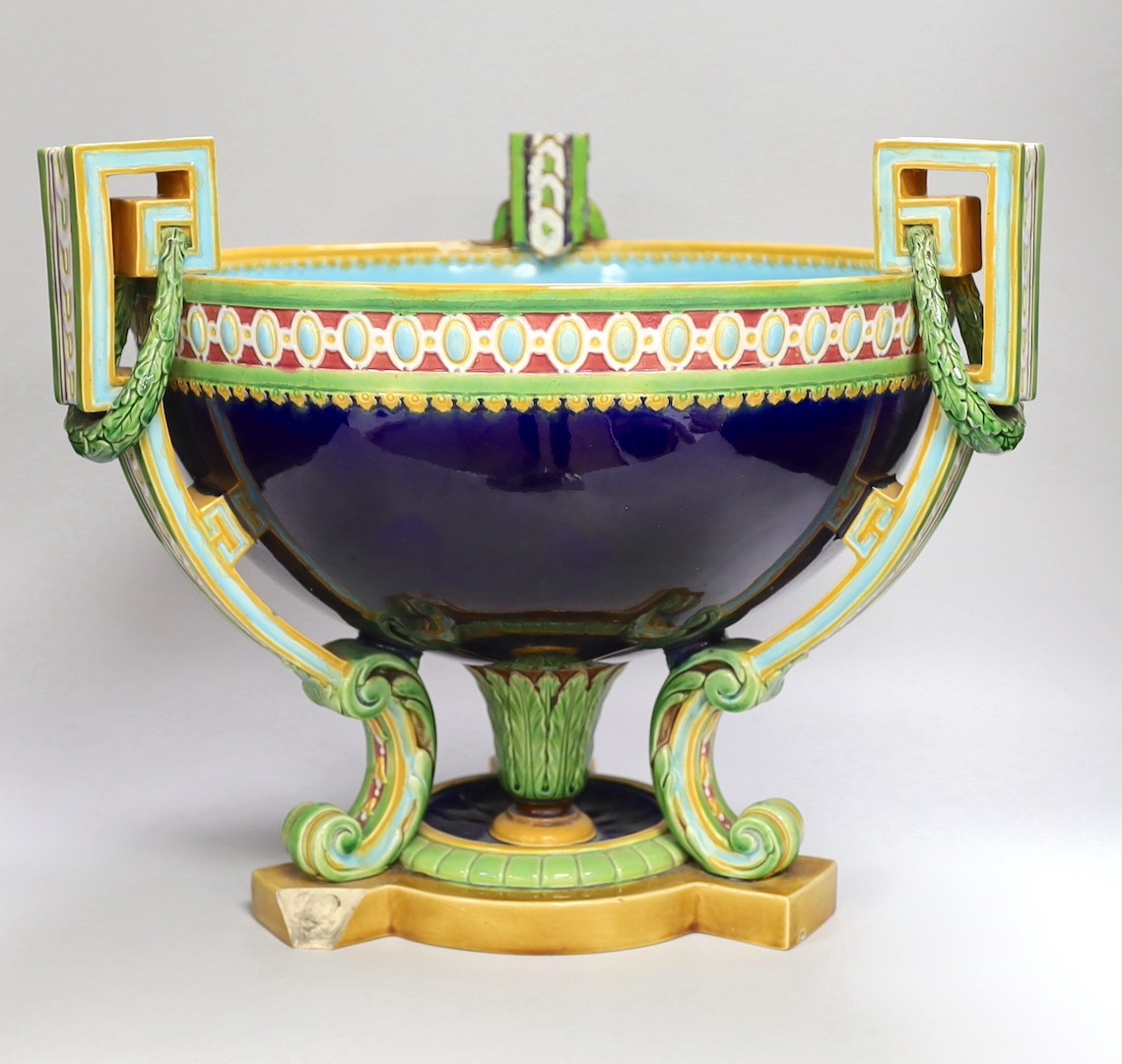 A large Minton neoclassical revival majolica pedestal bowl (a.f.) 34cm tall - Image 2 of 5