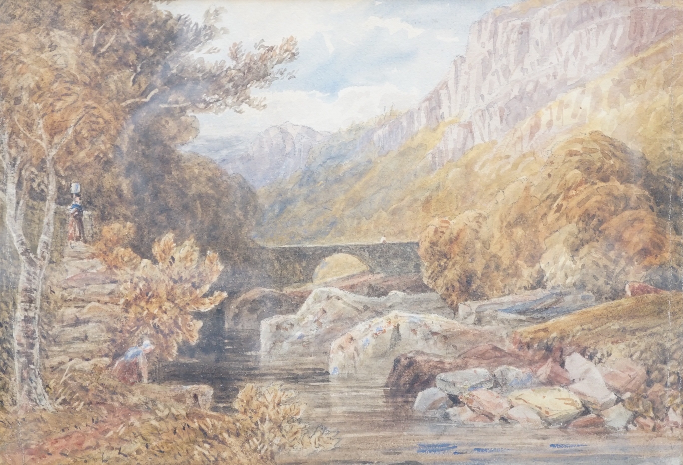 Attributed to David Cox OWS (1783-1859), watercolour, Figures beside a stream, label verso, 18 x