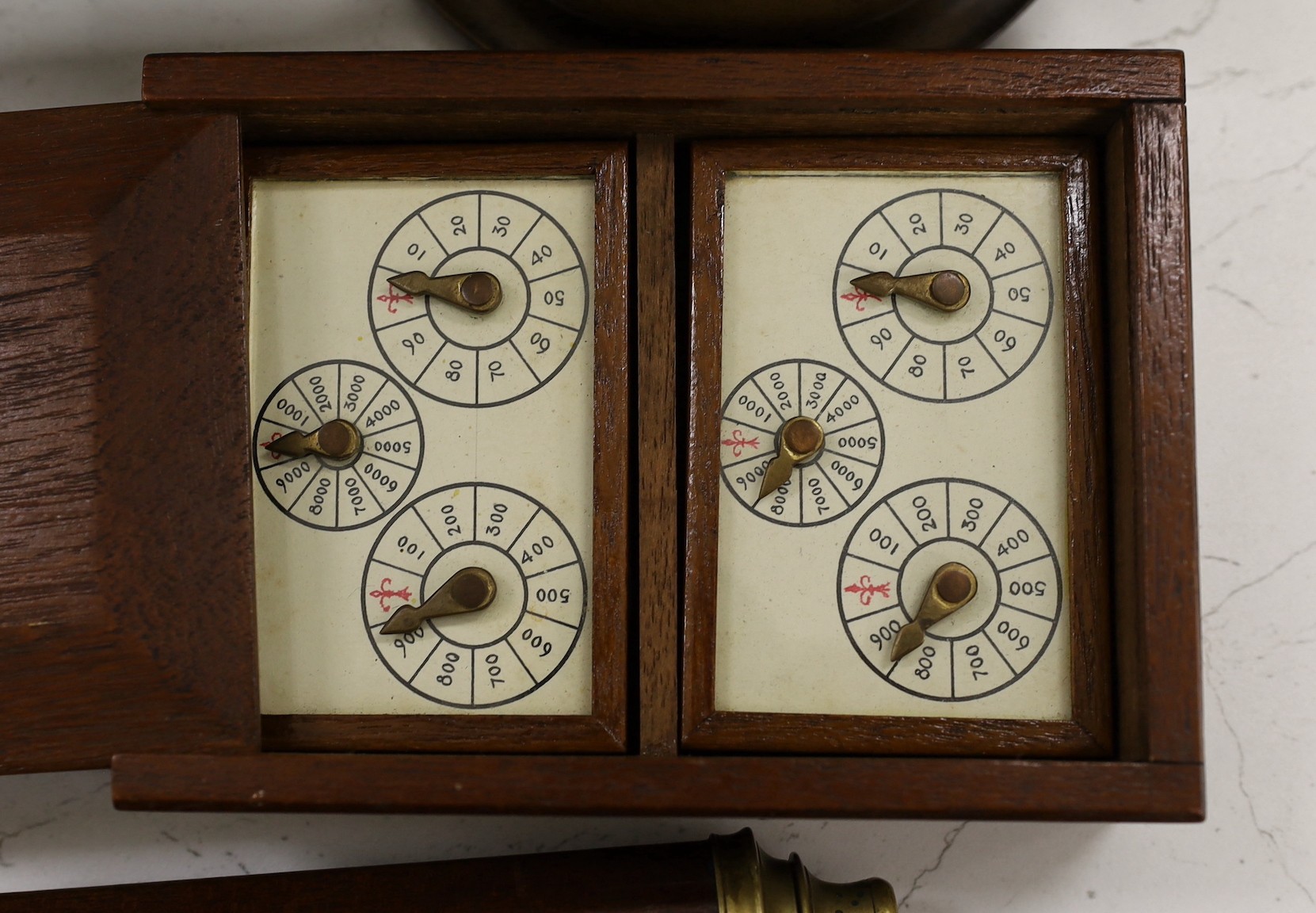 An unusual Victorian copper pie-mould, teak cased set of Bezique scorers, a brass link chain, - Image 3 of 5