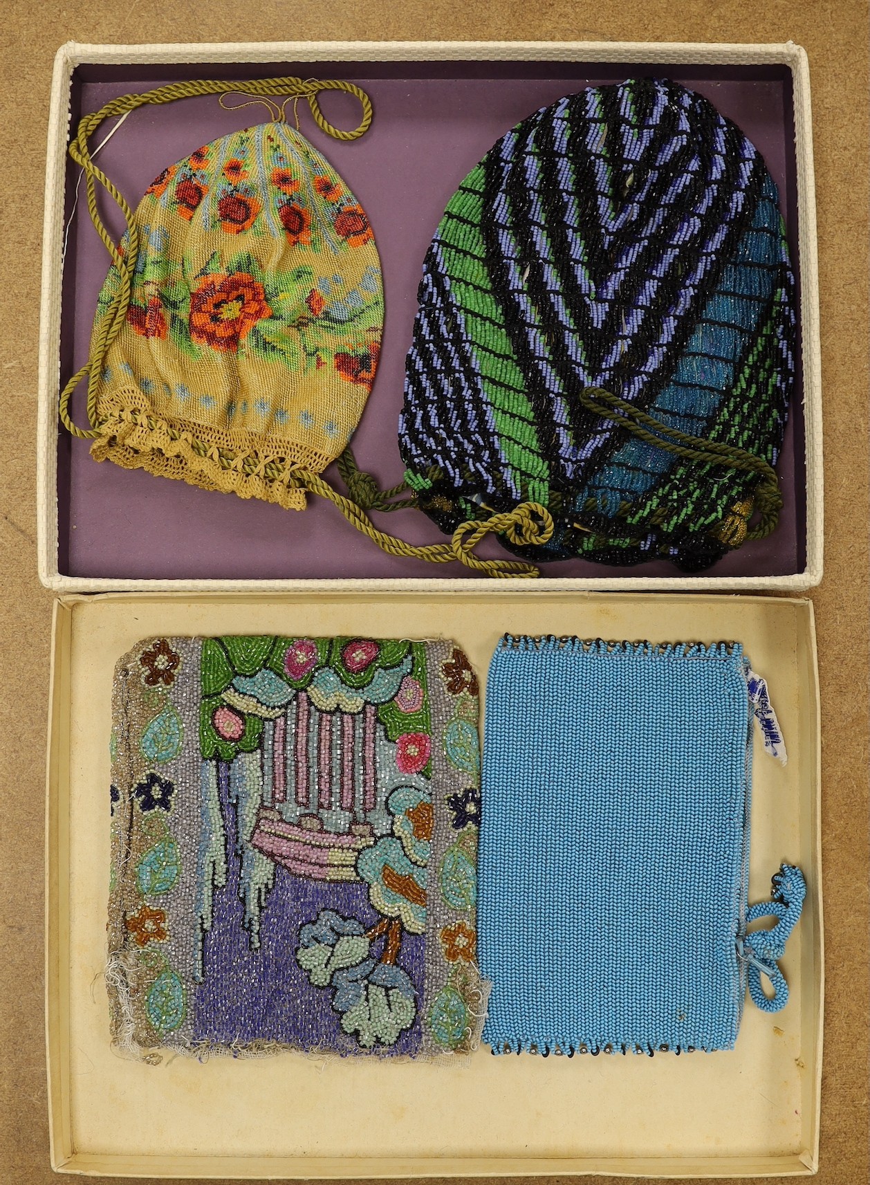 A late 19th century floral bead worked drawstring bag, a later jazz age beaded bag, a turquoise - Image 8 of 9