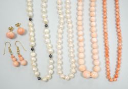 Two modern single strand cultured pearl necklaces, both with 375 clasp, one with hematite beads,