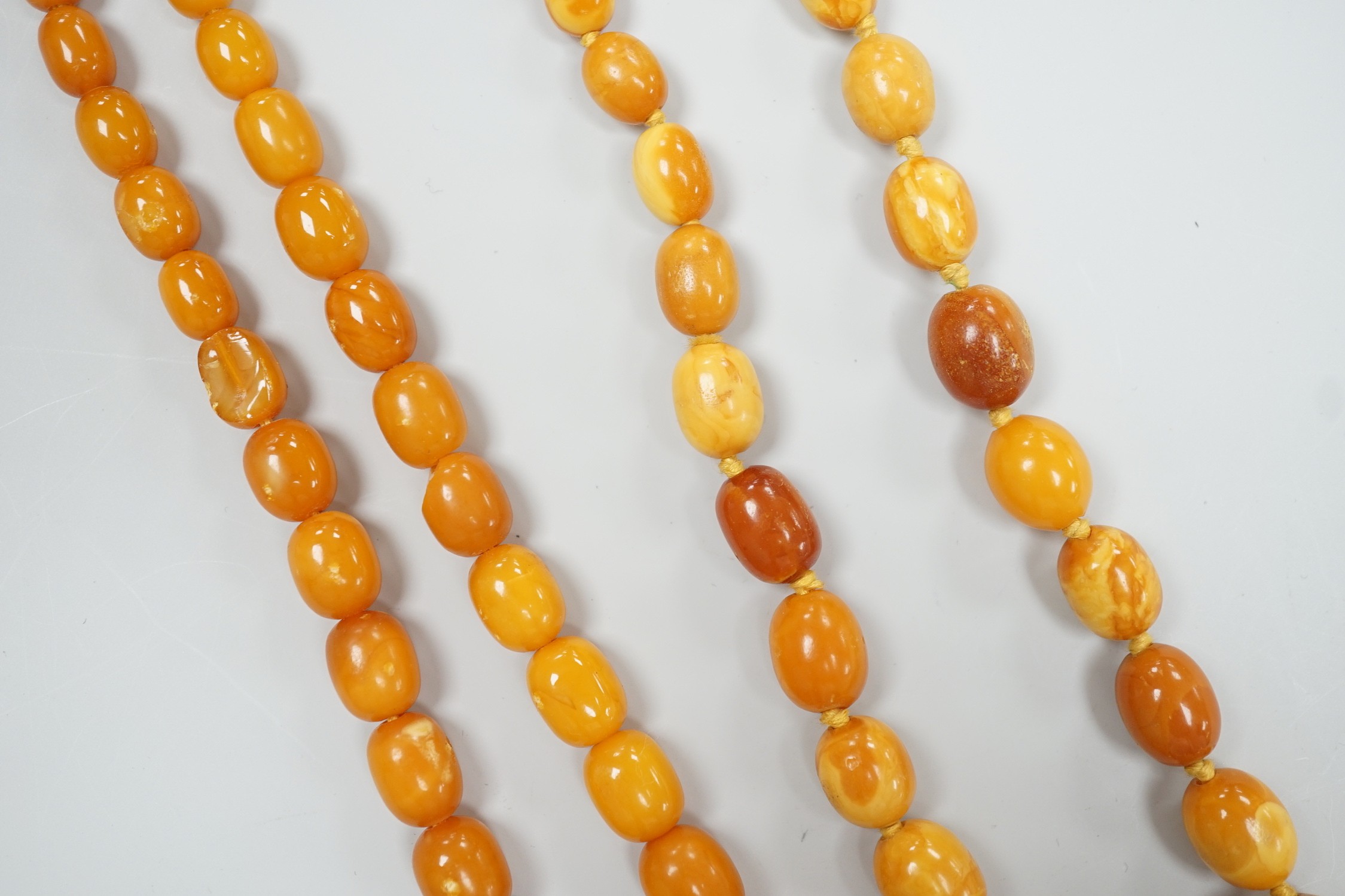 Two single strand graduated oval amber bead necklaces, one a.f., longest 43cm, gross weight 38 - Image 3 of 5