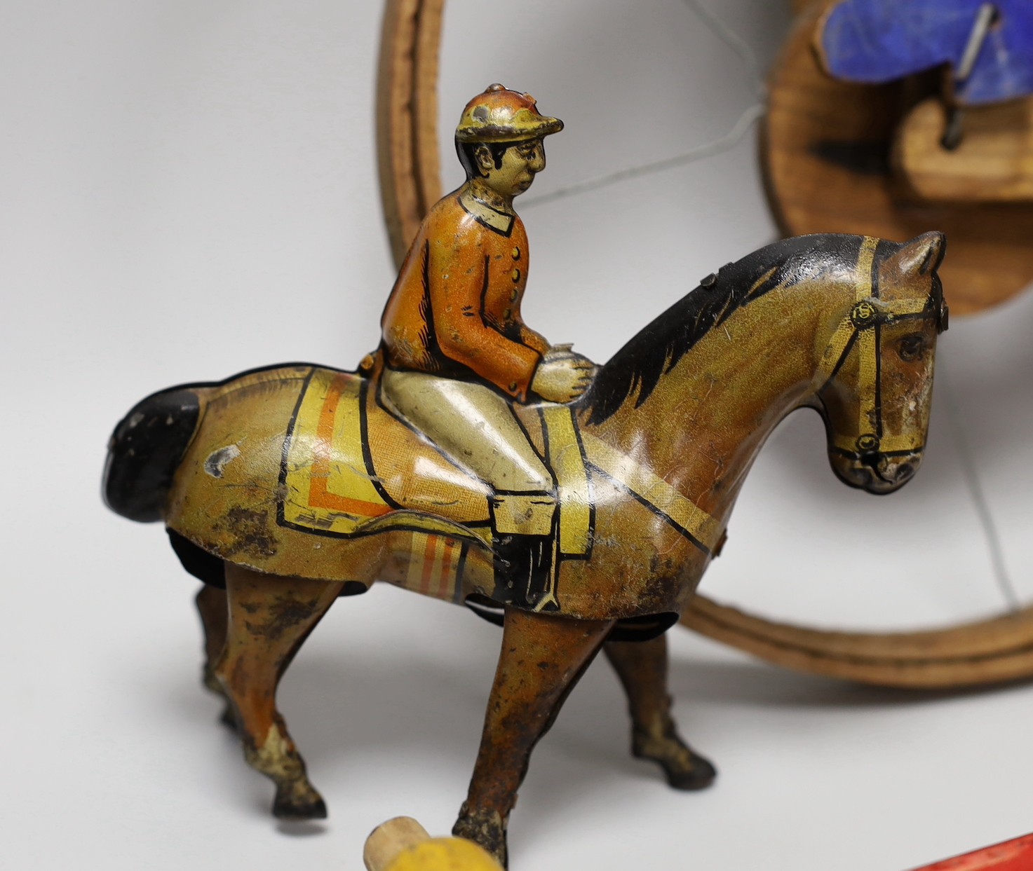 A Victorian carved pine jointed peg doll, jointed wood uni-cyclist toy, two abacuses and an early - Image 4 of 5