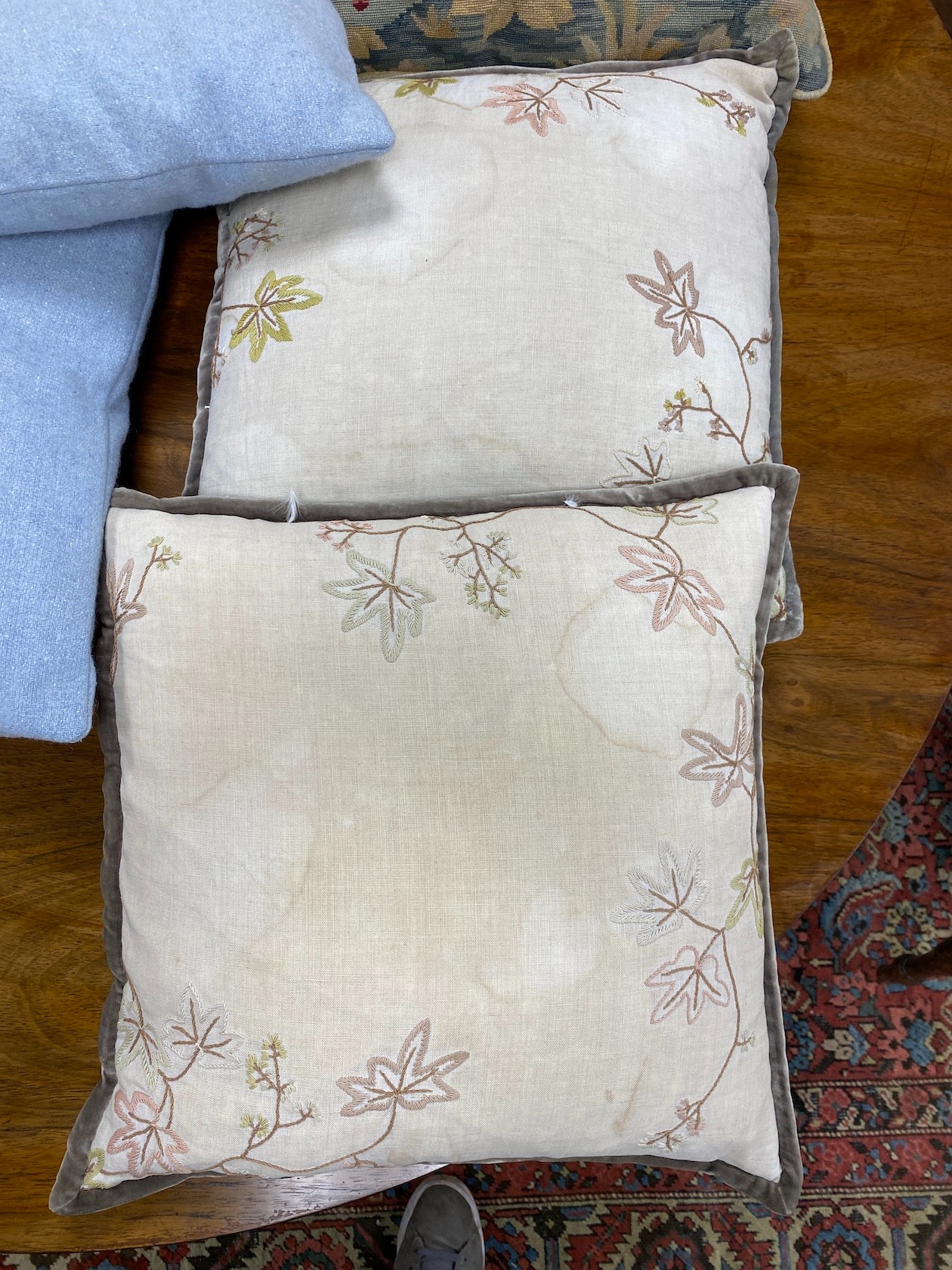 A 19th century petit point polychrome tapestry now as a cushion, 48cm x 46cm together with four - Image 2 of 4